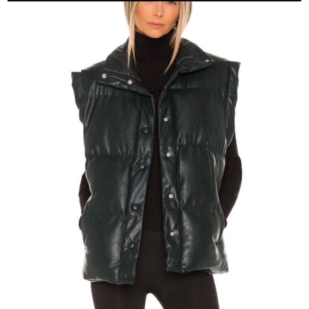 BlankNYC Easy Street Faux Leather Puffer Vest Green Quilted Snap Front Small